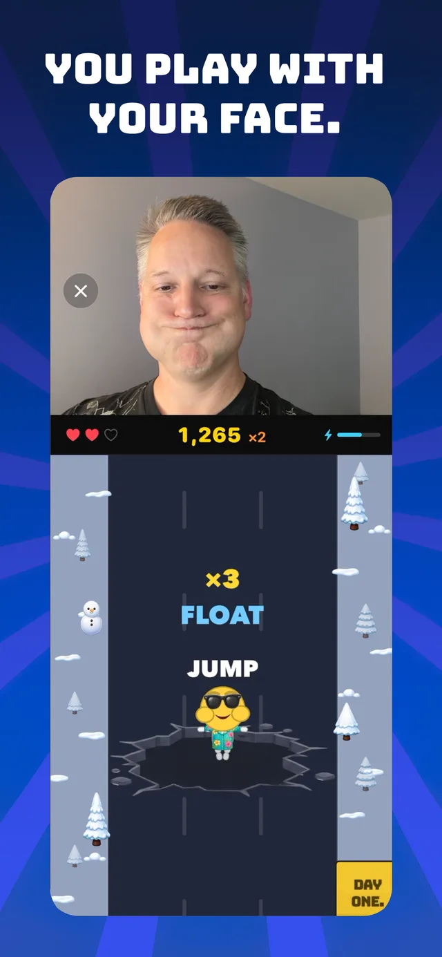 A Gurn run: the player's face up top, the game below with FLOAT and JUMP callouts and the runner in a pit.